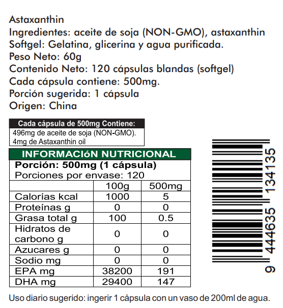 Astaxantina 120 Cápsulas Softgel (blandas) de 500mg