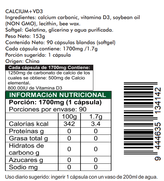 Calcium + vitamin D3 800ui, 90 Cáps. Blandas softgel 1700mg