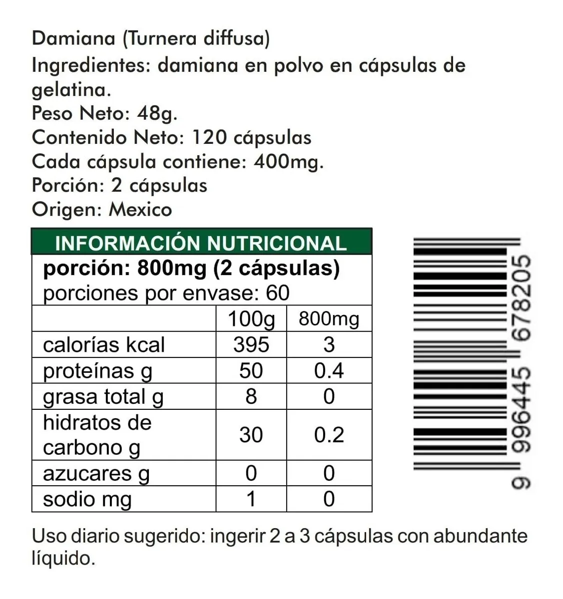 Damiana 120 Cápsulas de 400mg