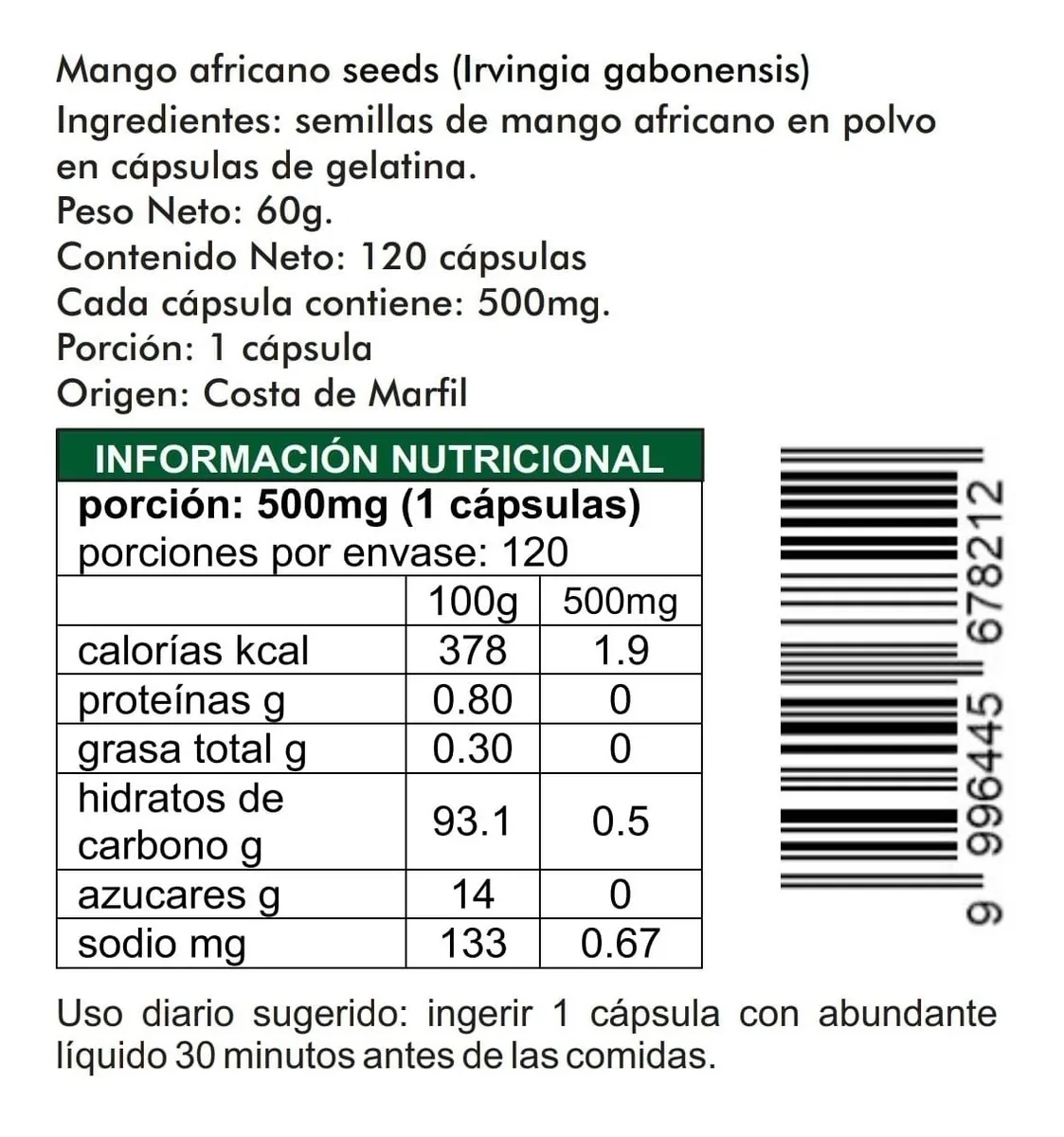 Mango Africano (seeds) 120 Cápsulas de 500mg