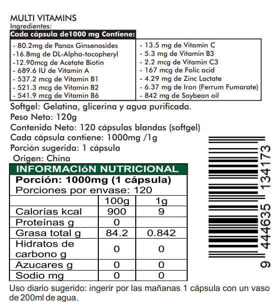 Multivitamico Con Ginseng 120 Cáps. Softgel (blandas) 1000mg