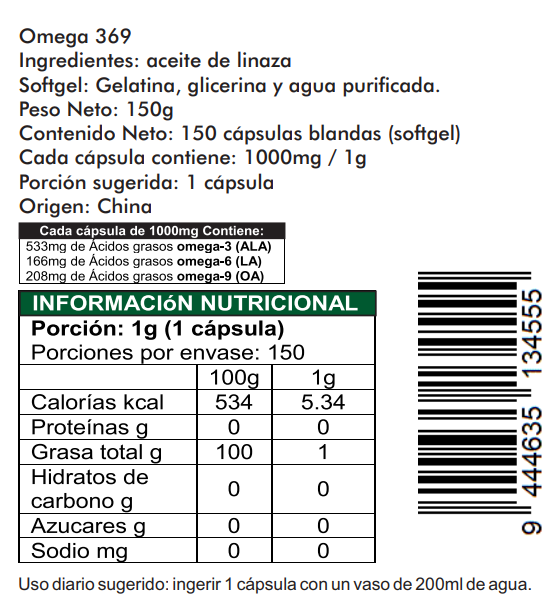 Omega 369, 150 Cápsulas Softgel (blandas) de 1000mg