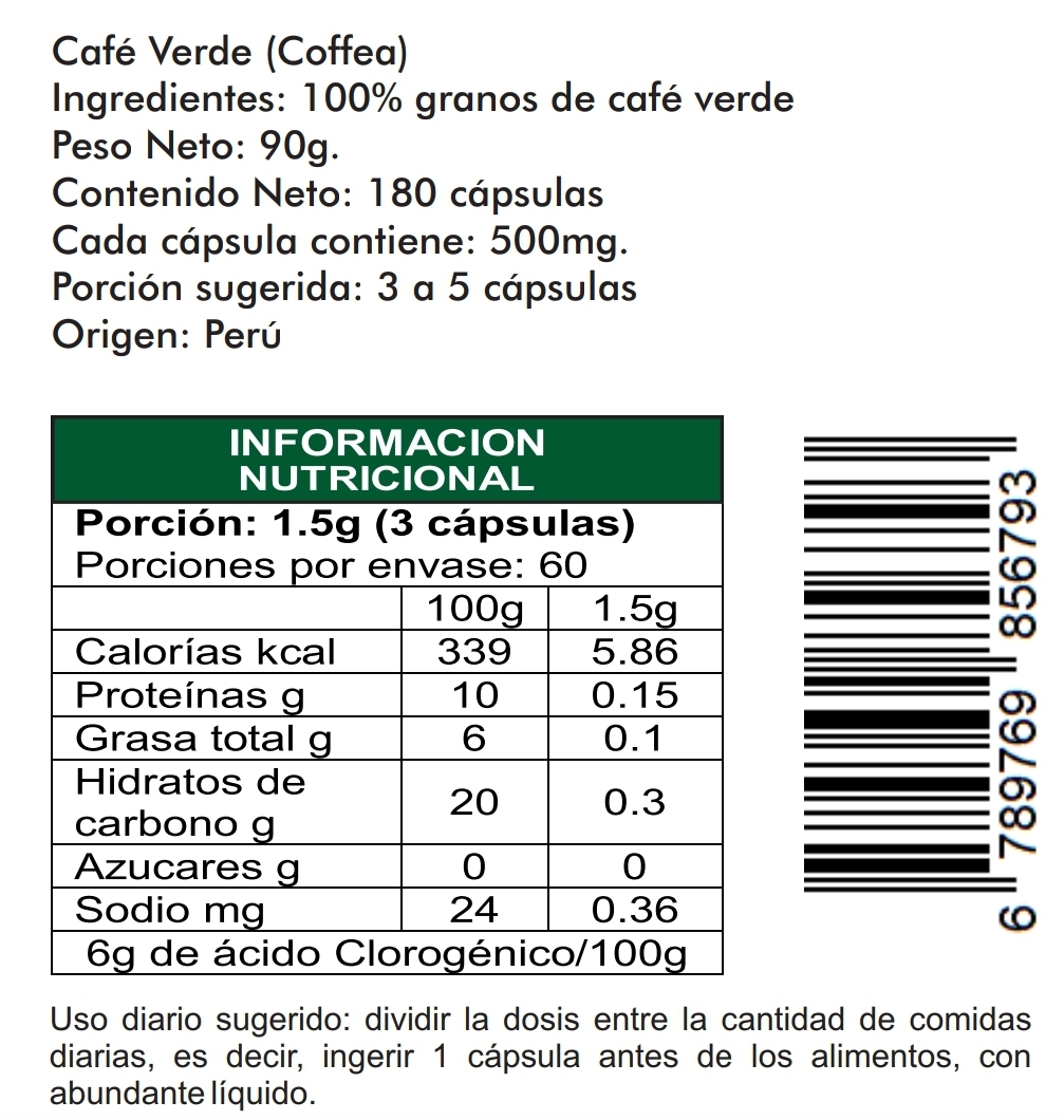 Café verde 180 cápsulas vegetales 500mg