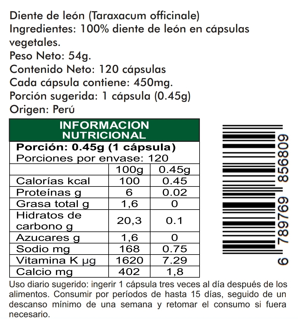 Diente de leon 120 cápsulas vegetales 450mg