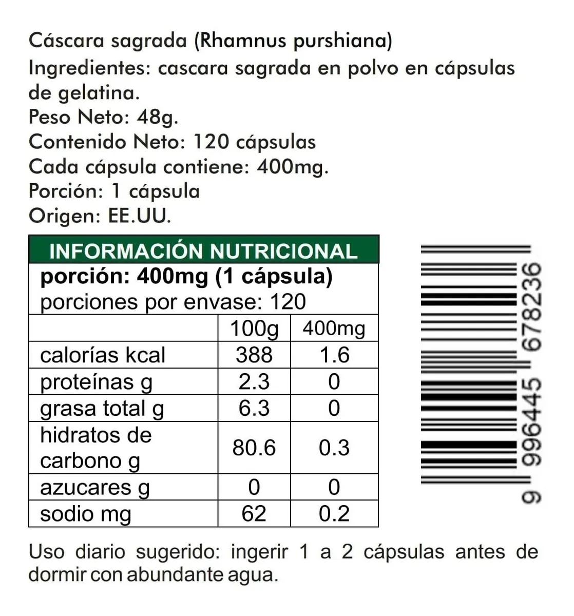 Cascara Sagrada 120 Cápsulas de 400mg