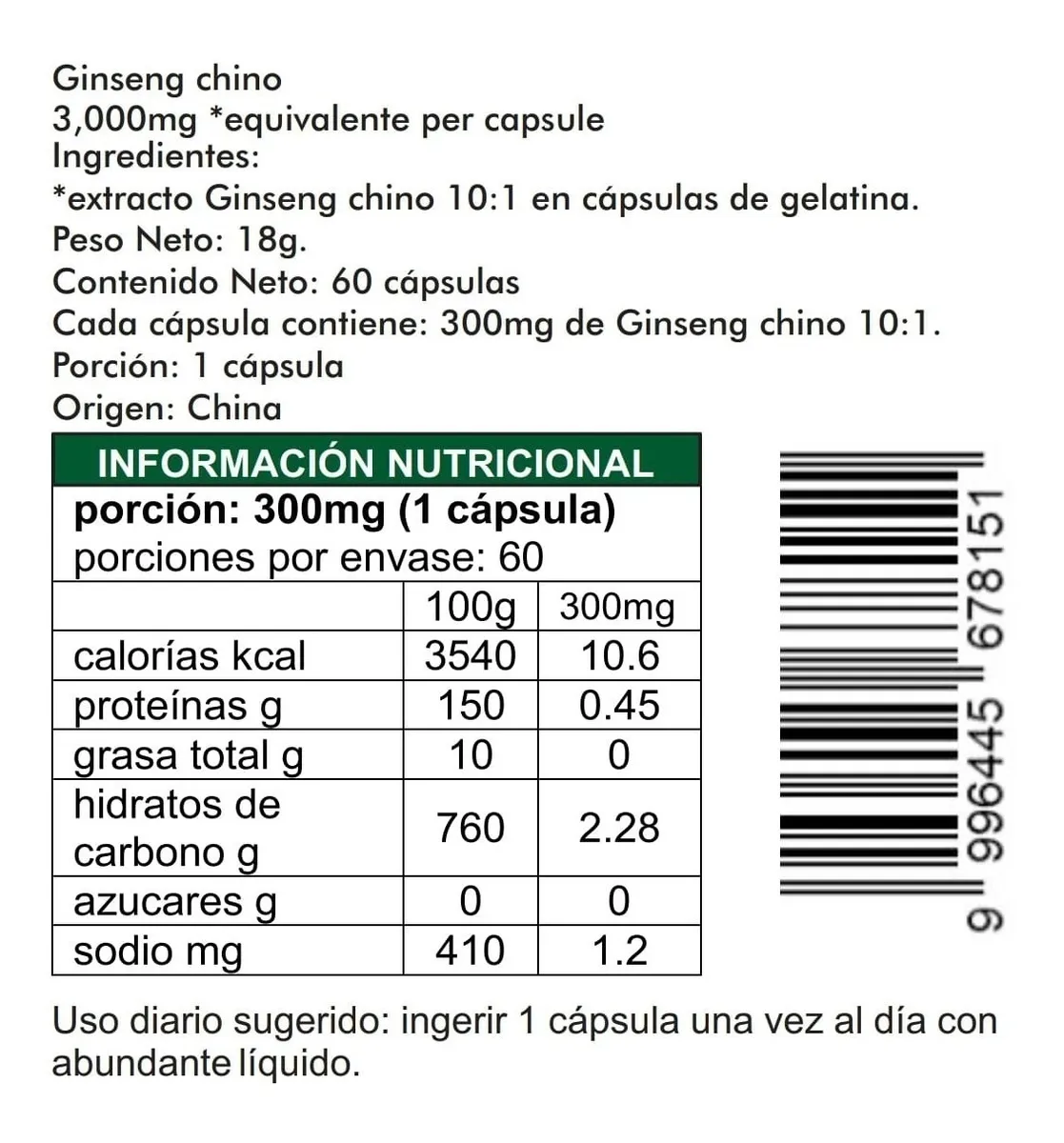 Ginseng Chino (extracto 10:1) 60 Cápsulas De 300mg