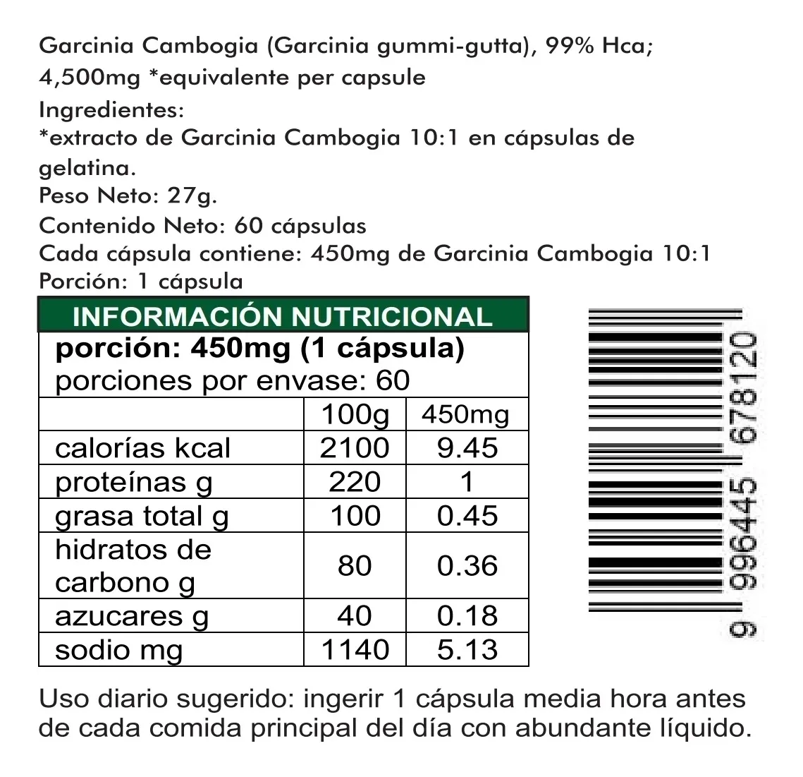 Garcinia Cambogia (extracto 10:1) 60 Cápsulas de 450mg