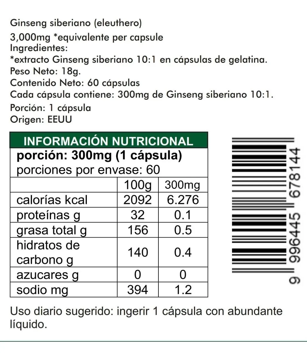 Ginseng Siberiano (extracto 10:1) 60 Cápsulas de 300mg