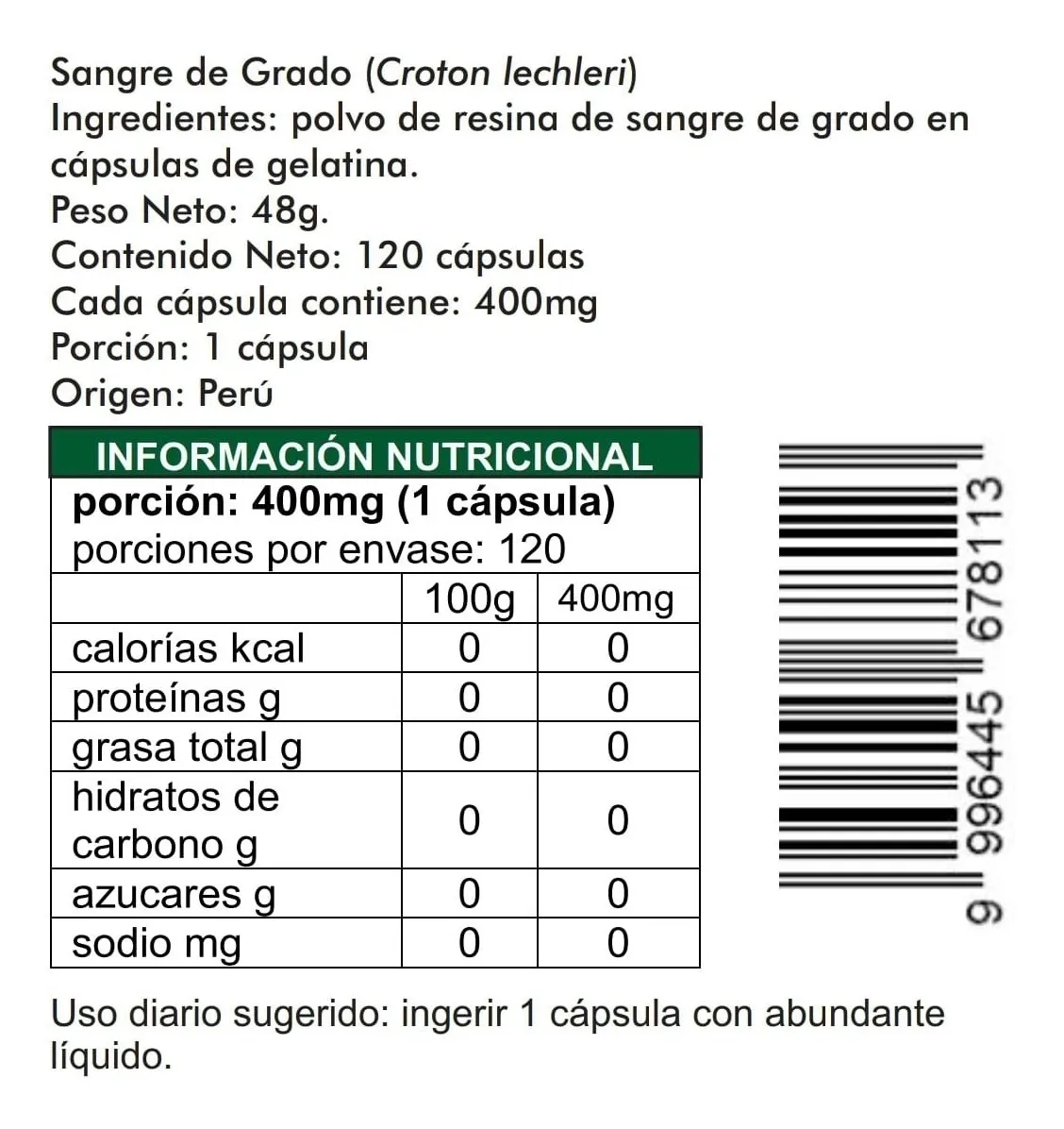 Sangre de grado 120 cápsulas de 400mg