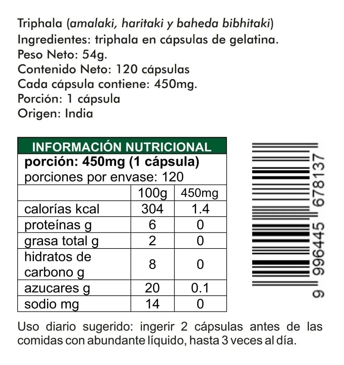 Triphala 120 Cápsulas de 450mg