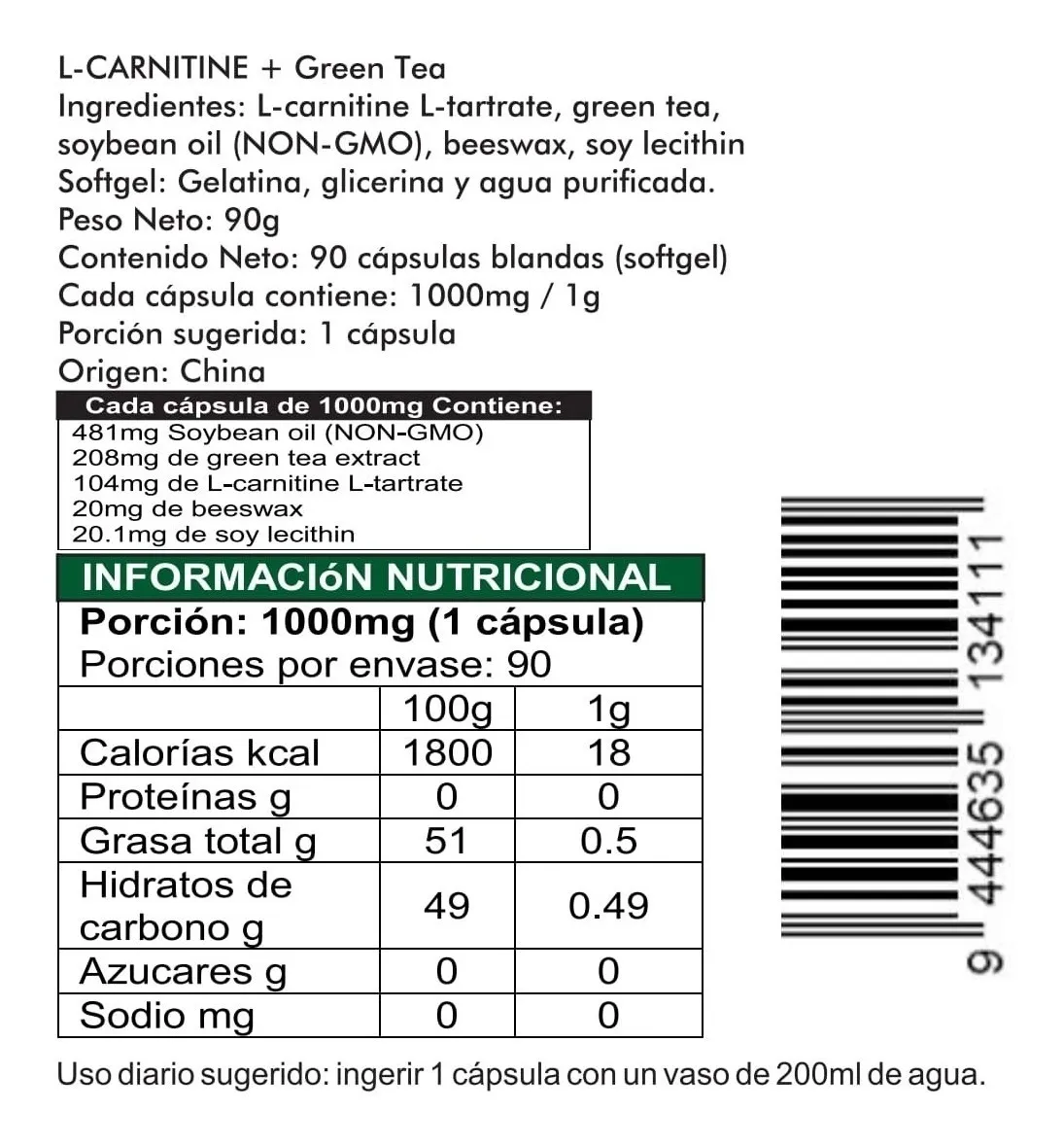 L Carnitine + Green Tea 90 Cáps. Softgel (blandas) de 1000mg