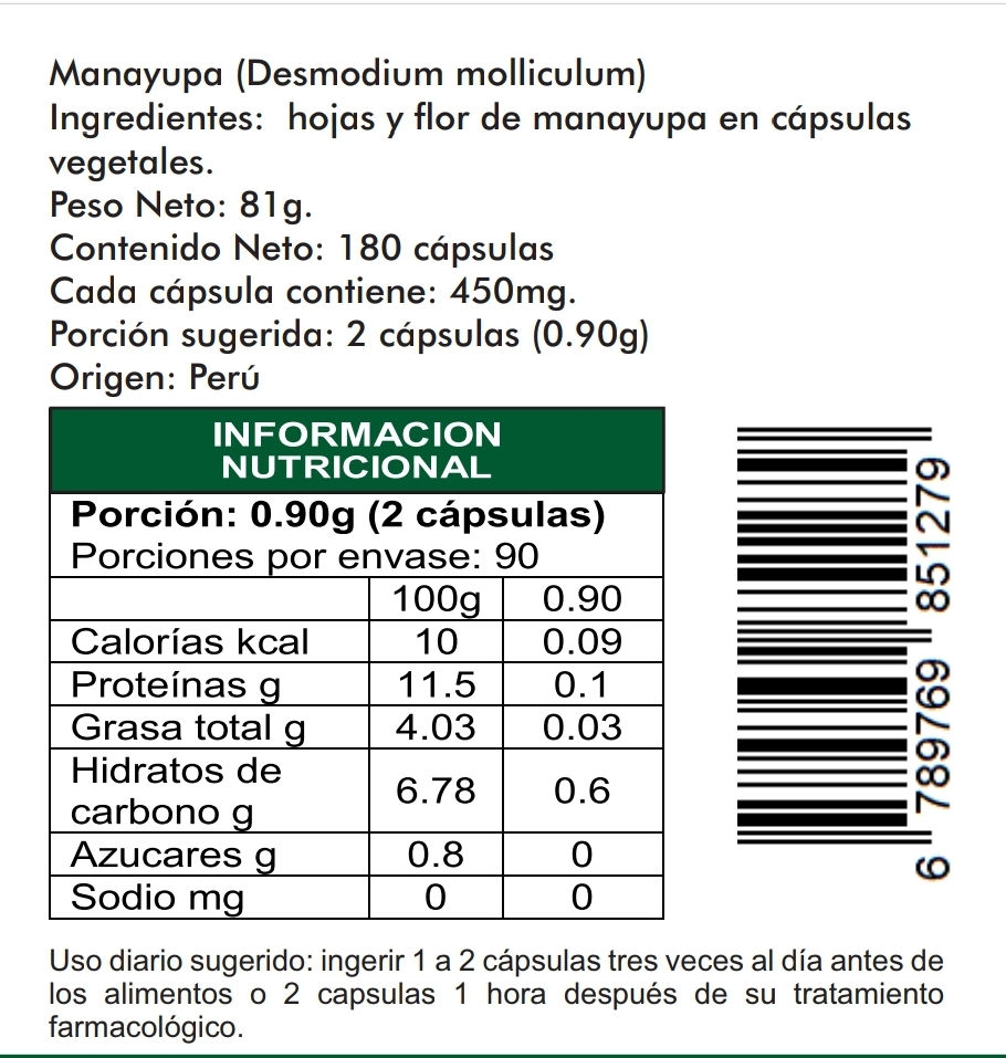 Manayupa 180 cápsulas vegetales 450mg