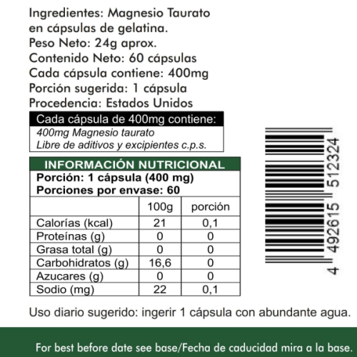 Taurato De Magnesio 60 Cápsulas de 400mg