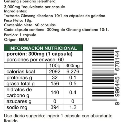 Ginseng Siberiano (extracto 10:1) 60 Cápsulas de 300mg
