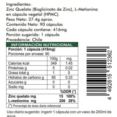 Zinc Quelato Con L-metionina 90 Capsulas