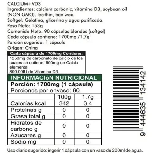 Calcium + vitamin D3 800ui, 90 Cáps. Blandas softgel 1700mg