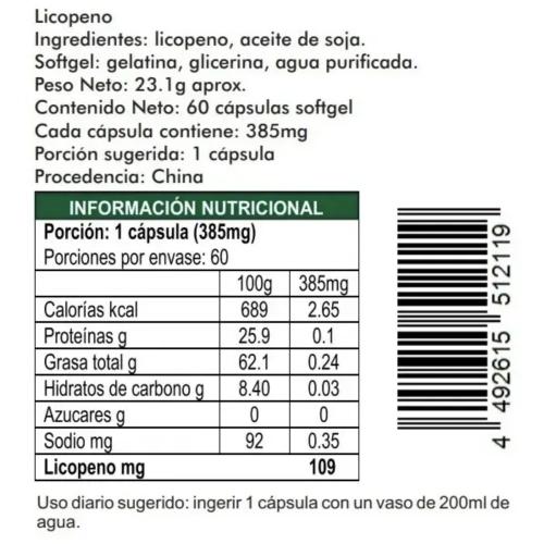 Licopeno 60 Capsulas softgel 385mg.