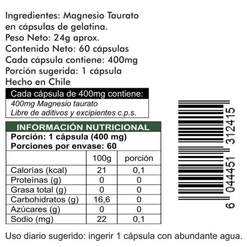 Taurato De Magnesio 60 Cápsulas de 400mg