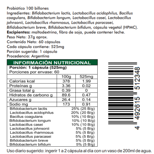 Probiotico 100 Billones 10 Cepas 60 Capsulas