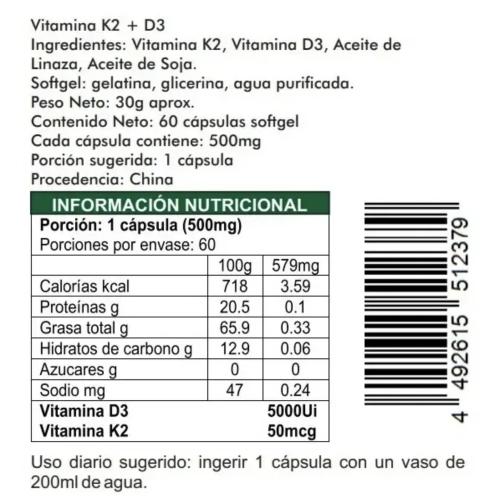 Vitamina K2 + D3 5000ui 60 Cápsulas Softgel