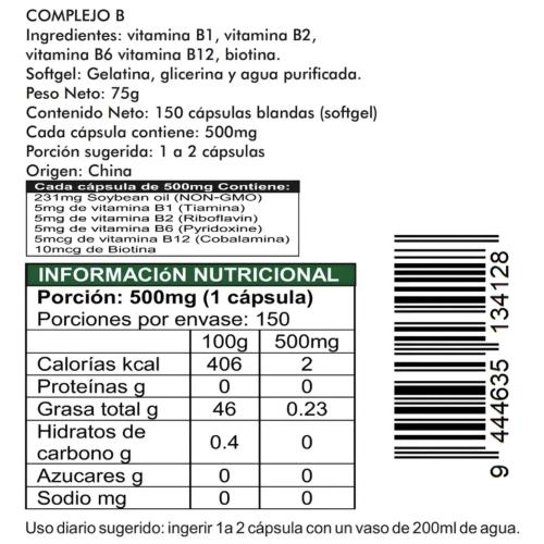 Complejo B + B12 + Biotina -150 Cáps. Softgel (blandas) 500mg