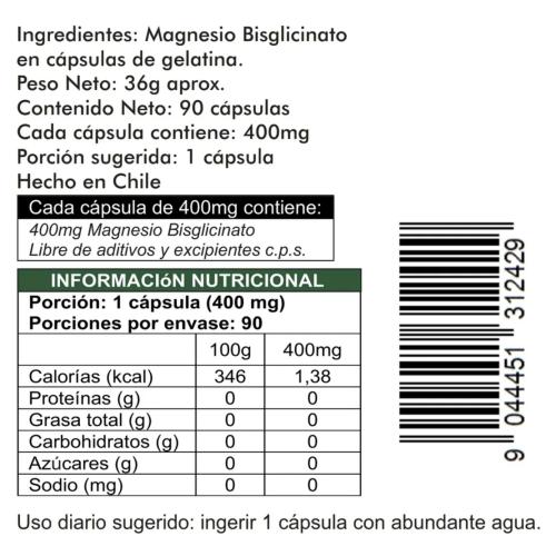Bisglicinato De Magnesio 90 Cápsulas de 400mg