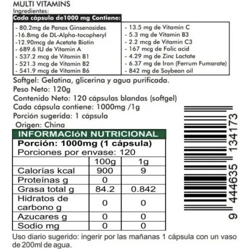 Multivitamico Con Ginseng 120 Cáps. Softgel (blandas) 1000mg